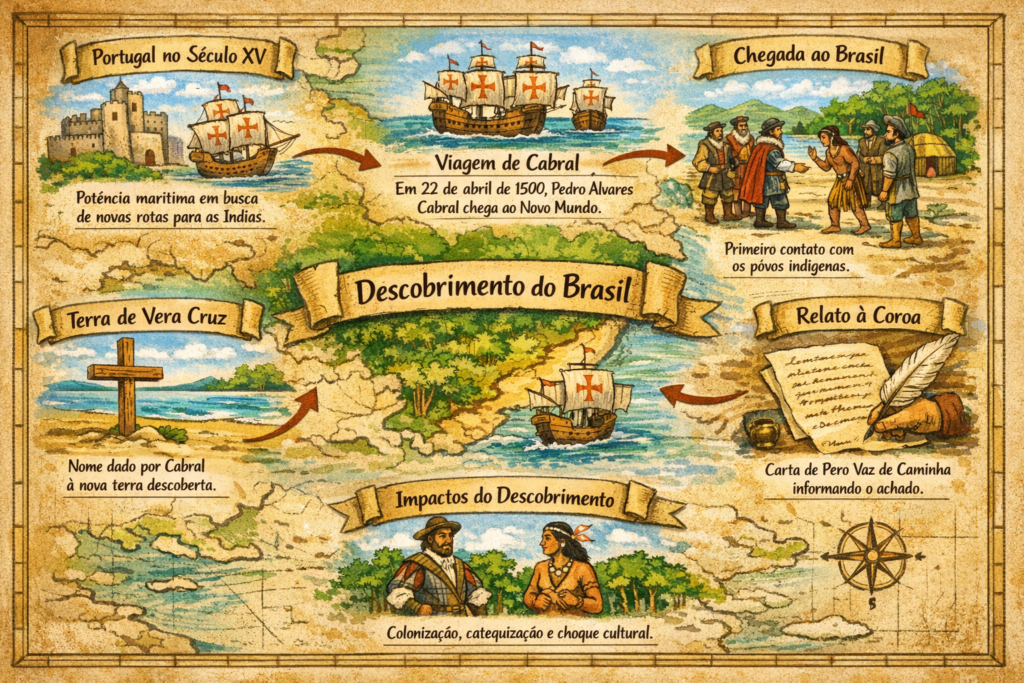 Mapa mental ilustrado sobre o descobrimento do Brasil